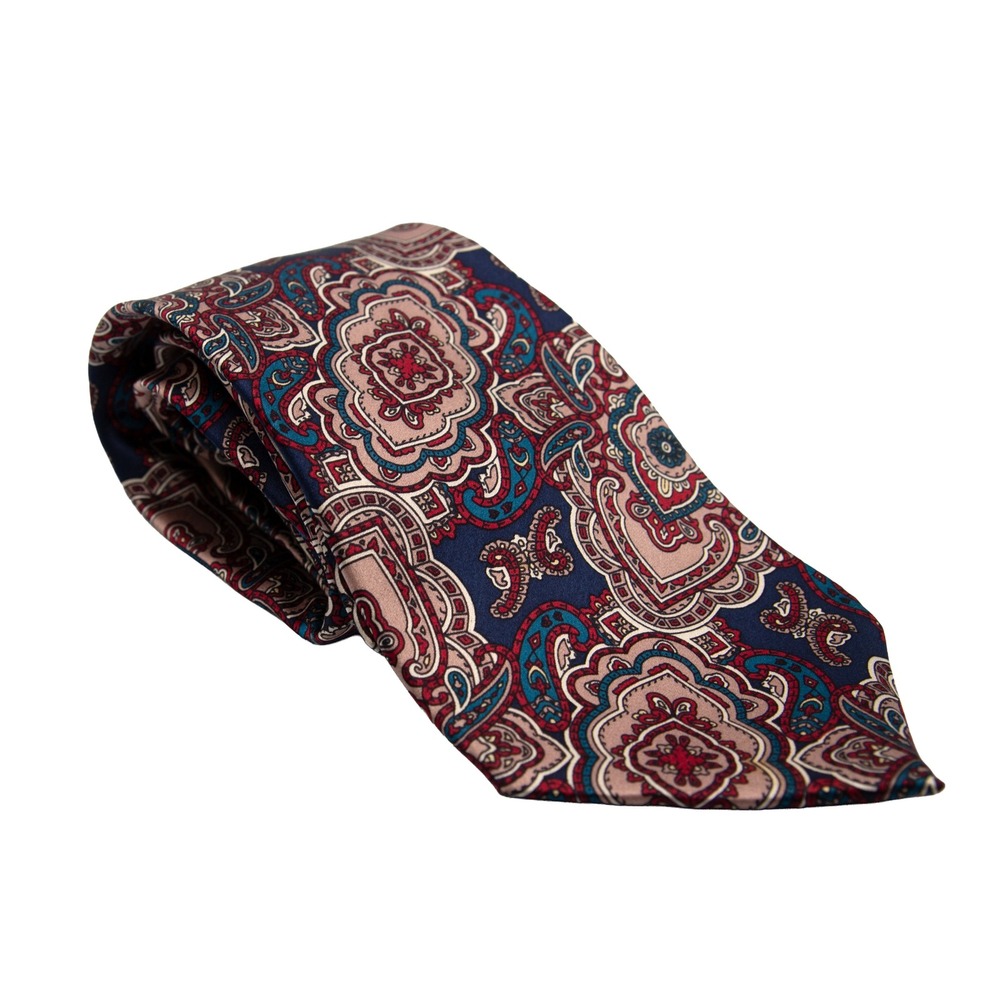The Kensington Collection Mens Silk Tie Navy Blue Red Paisley Medallion Silk Tie - Picture 3 of 5